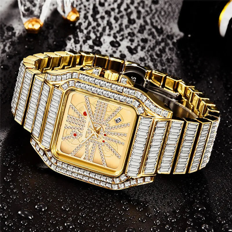 Hip hop full diamond large dial square men's quartz watch with gold alloy band