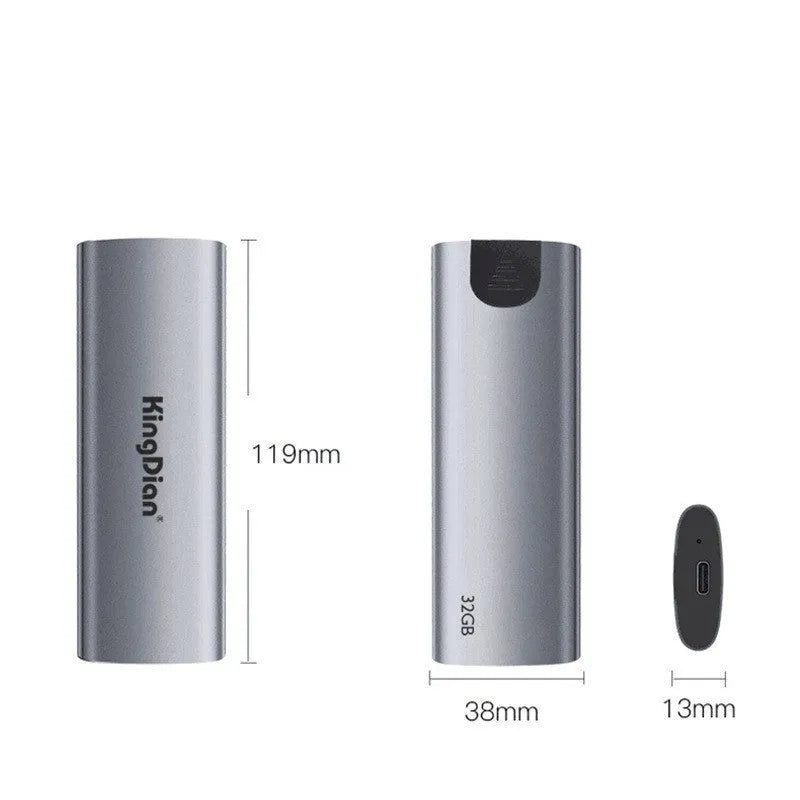 Grey aluminium portable SSD hard drive with USB 3.0 connector for mobile phones and computers.