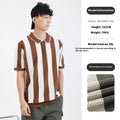 Man wearing a black and white striped short sleeve viscose sweater with silver zipper decorations on the chest.