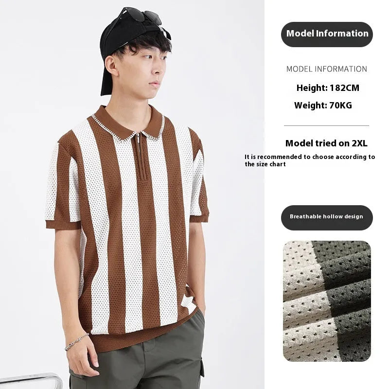 Man wearing a black and white striped short sleeve viscose sweater with silver zipper decorations on the chest.