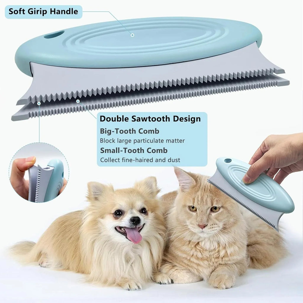 Three pet hair removal tools: a metal lint shaver, a double-row silicone brush, and a round ABS+TPR cleaner.