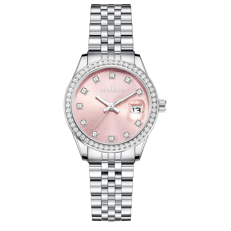 Women's silver calendar watch with 32mm dial, quartz movement, and stainless steel buckle.