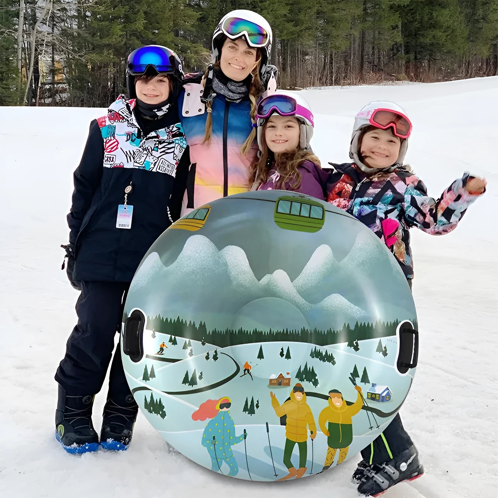 PVC skiing ring toy in red, blue, or mountain print design for outdoor winter games.