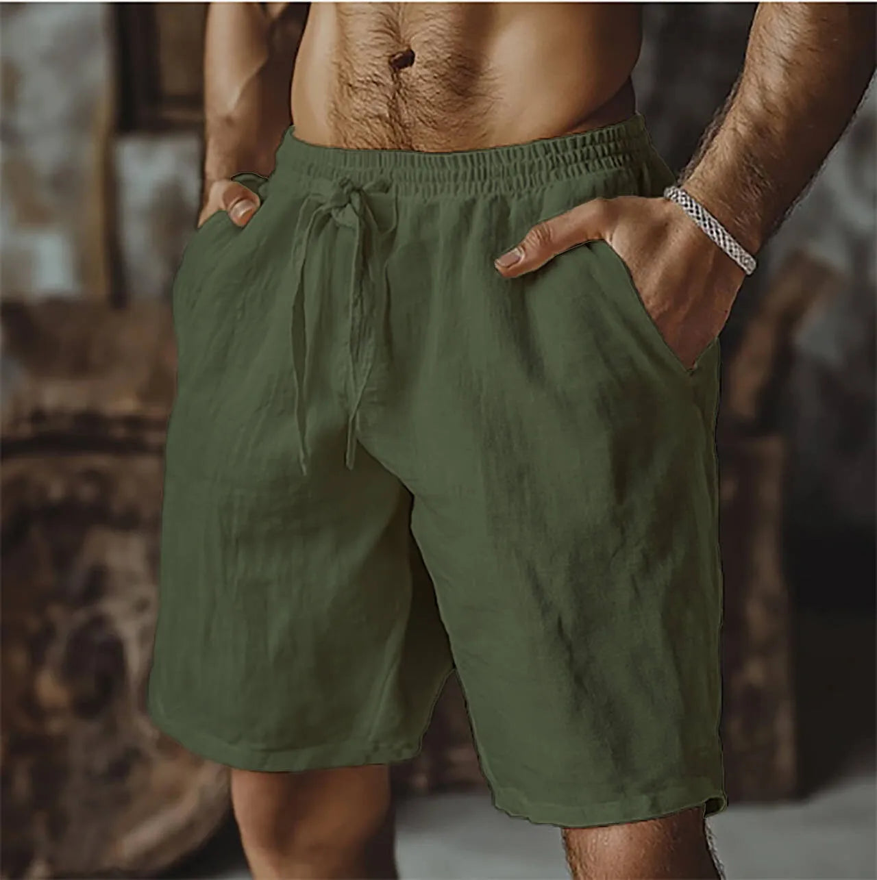 Men's cotton linen blend casual shorts in straight-leg British style with solid colour options