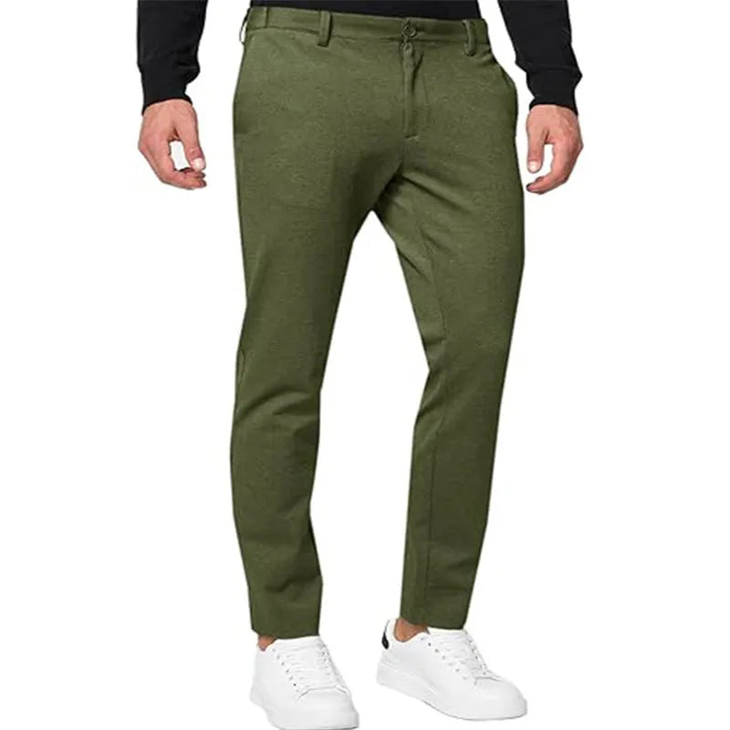 Men's slim-fit tapered chino trousers in army green colour with British style casual design