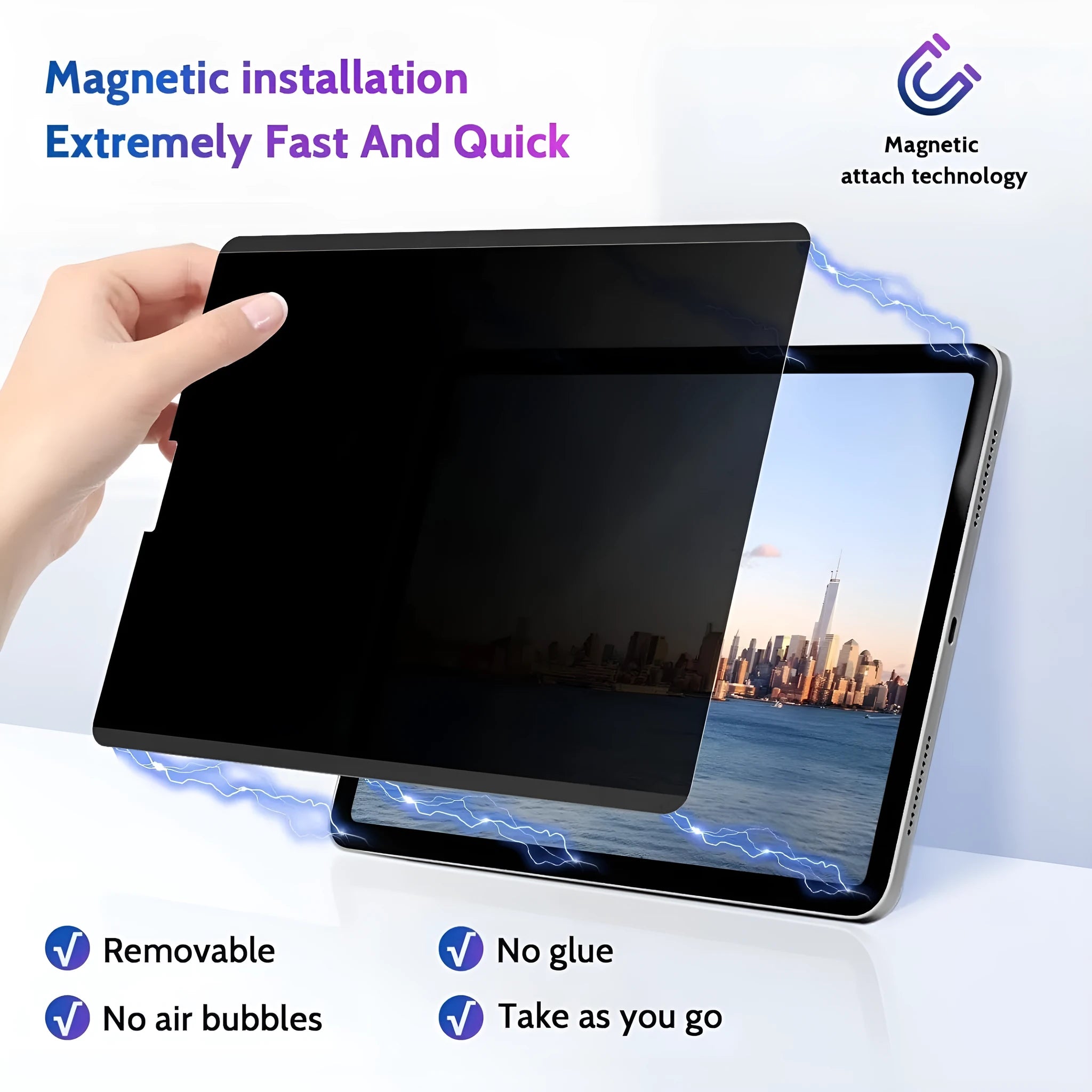 Magnetic iPad privacy screen protector with storage clip shown next to iPad tablet