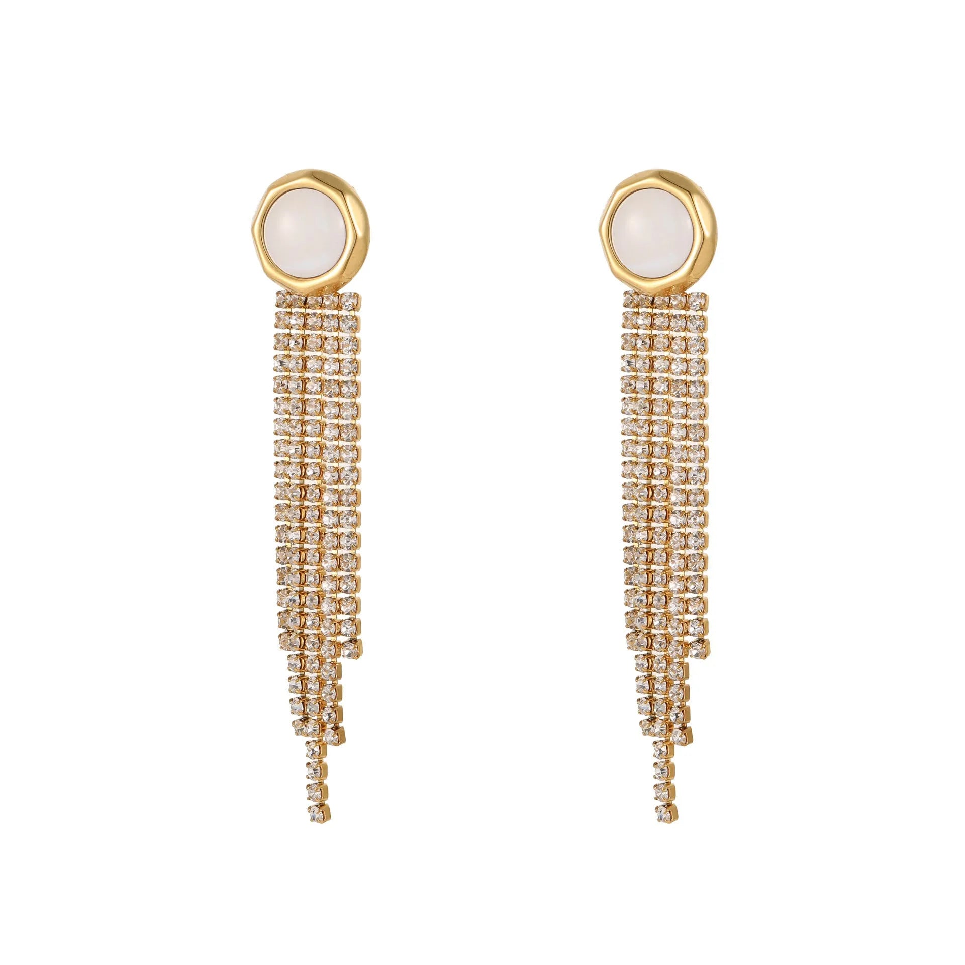 Stainless steel 18K gold electroplated earrings with diamond tassel designs in heart and star shapes