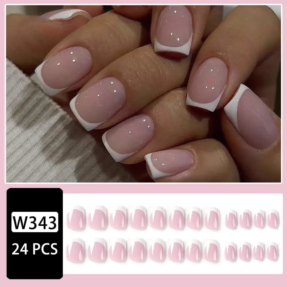 24 white square artificial nails with plaid pattern arranged in box