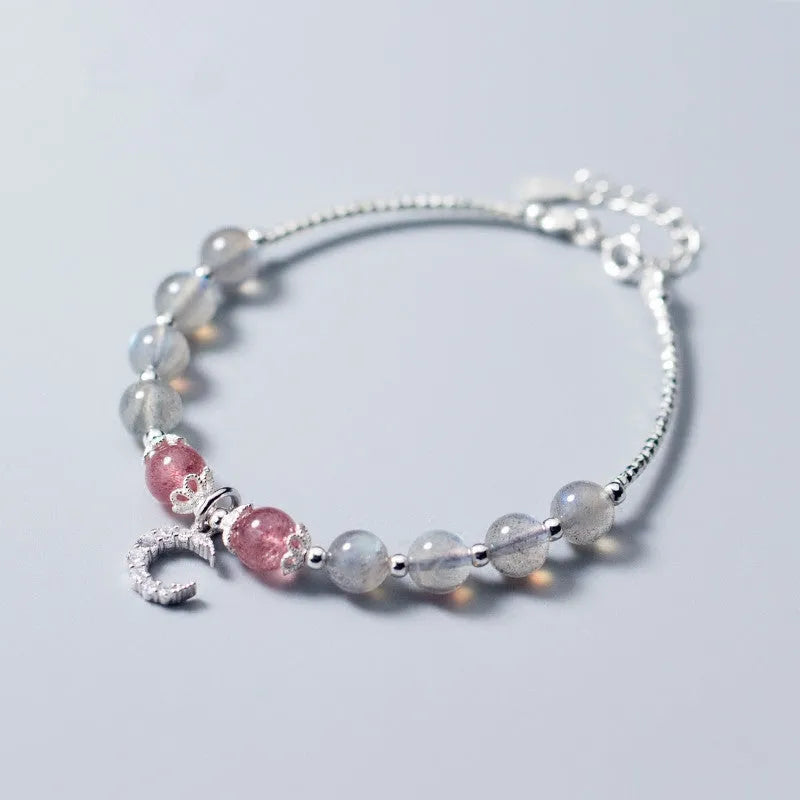 Natural moonstone bracelet with silver crescent moon charm and crystals on adjustable chain