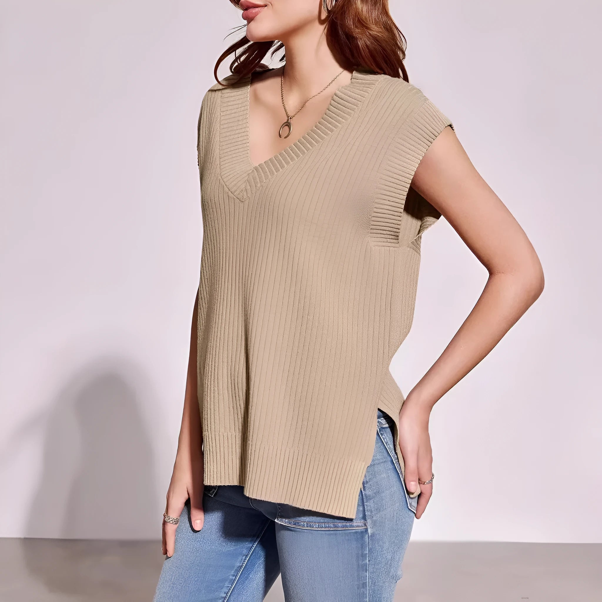Women's V-neck sleeveless pullover vest in thin viscose fibre fabric, camel colour, loose casual fit