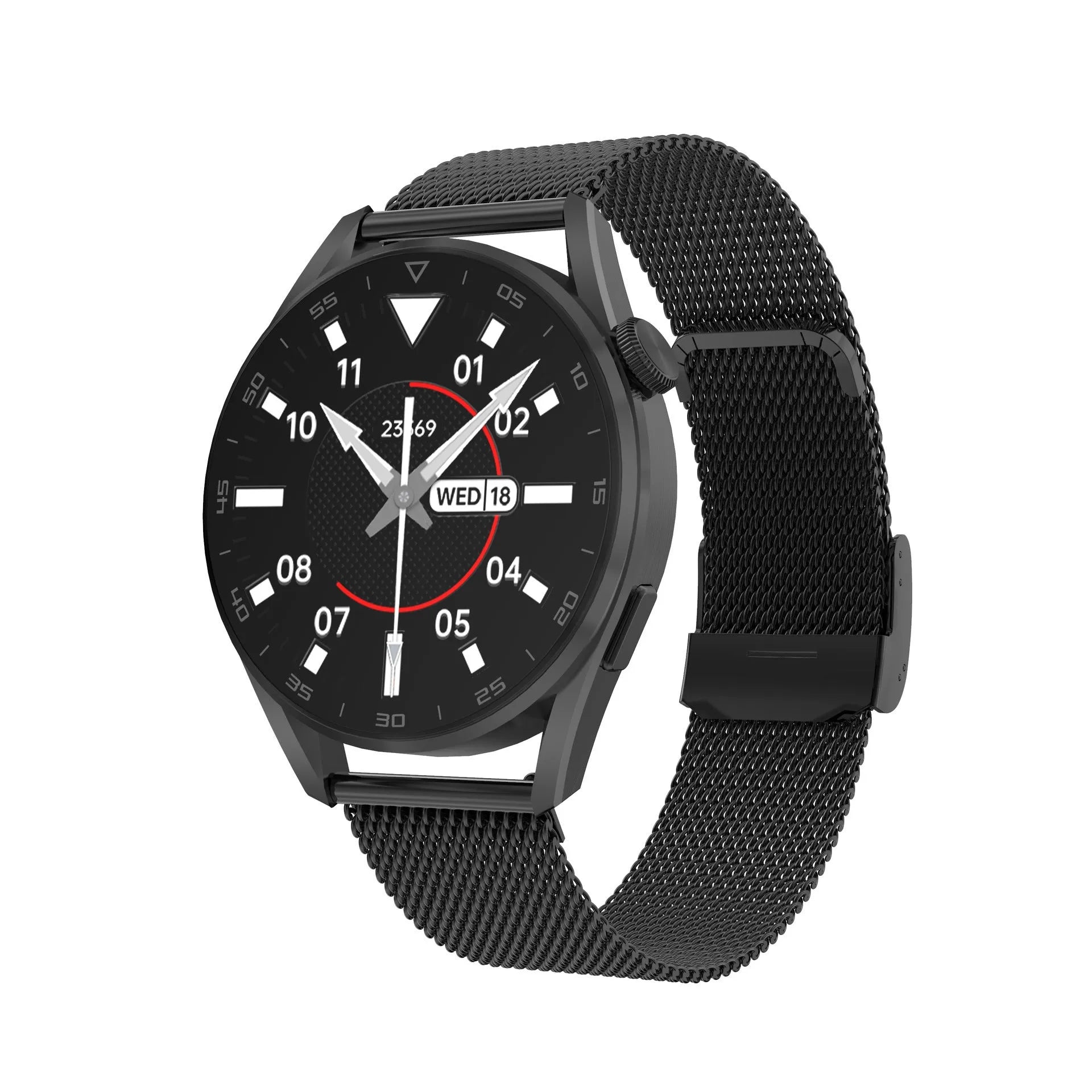 Black smart watch with metal wristband and 1.3-inch screen displaying Bluetooth call interface.
