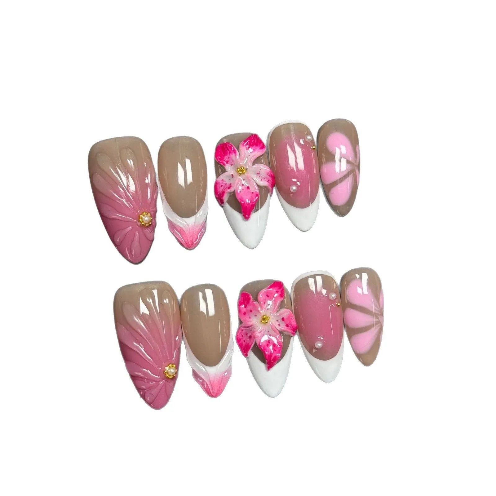 French style 3D lily ice flower design on almond-shaped plastic false nails.