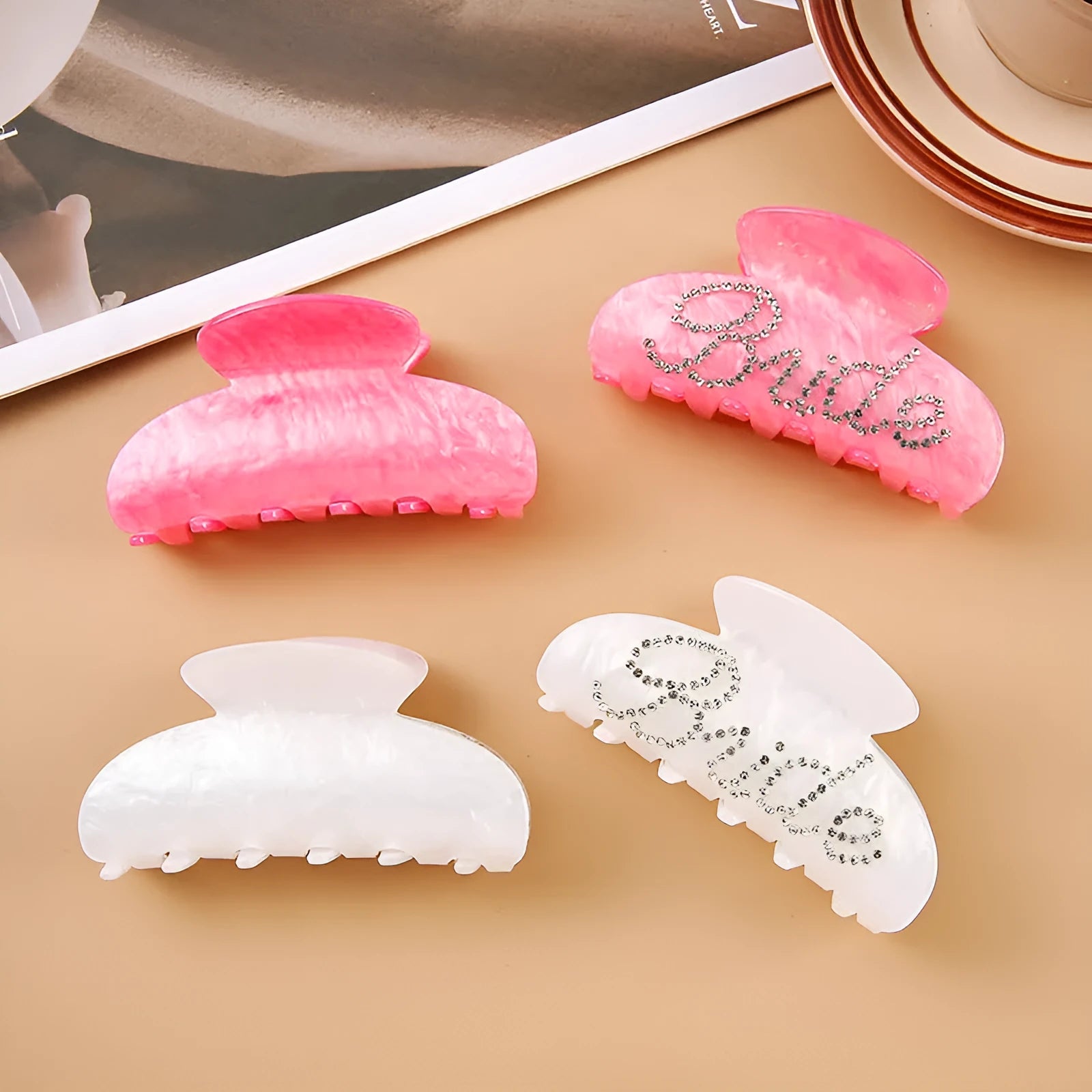 Pink acrylic hair claw clip with diamond pattern and English letters decoration, 10cm size