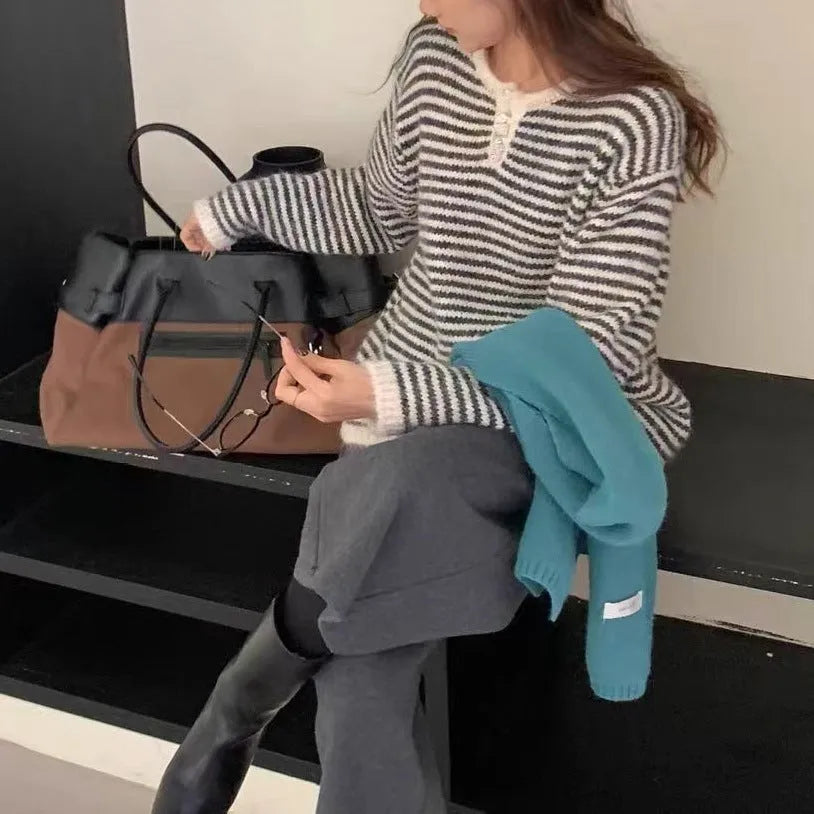 Women's striped cashmere pullover sweater in blue with plaid pattern details