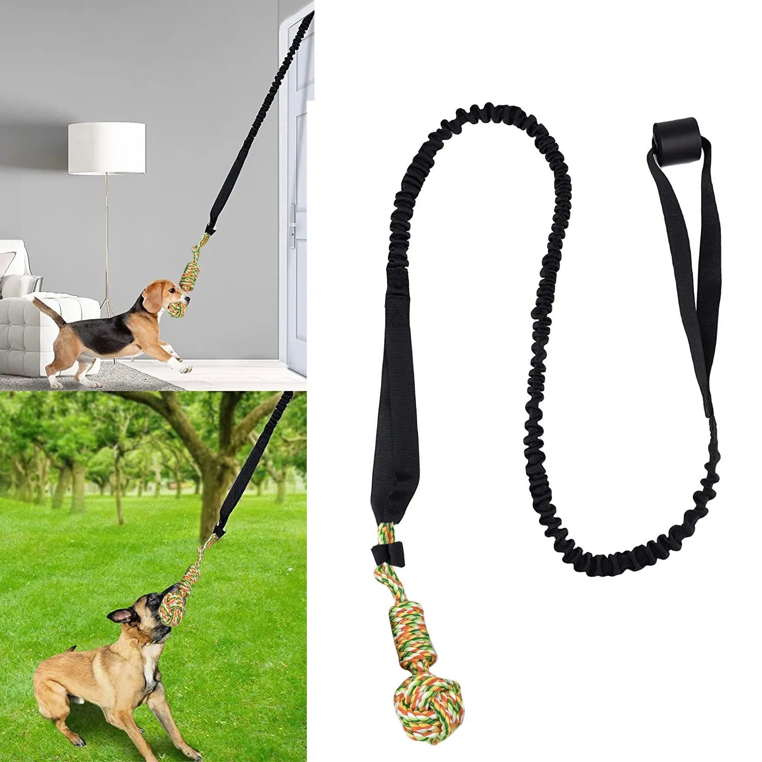 Woven cotton dog tug of war rope toy in black, grey, or red for chewing and interactive play.