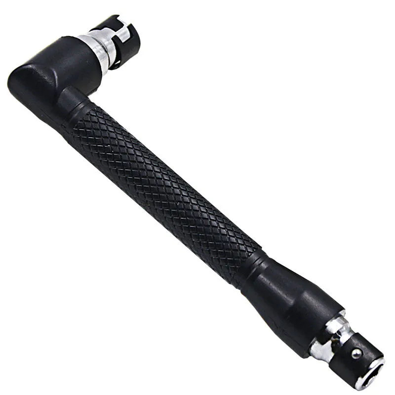 L-shaped socket wrench handle with ten double-headed drill bits and sockets on work surface