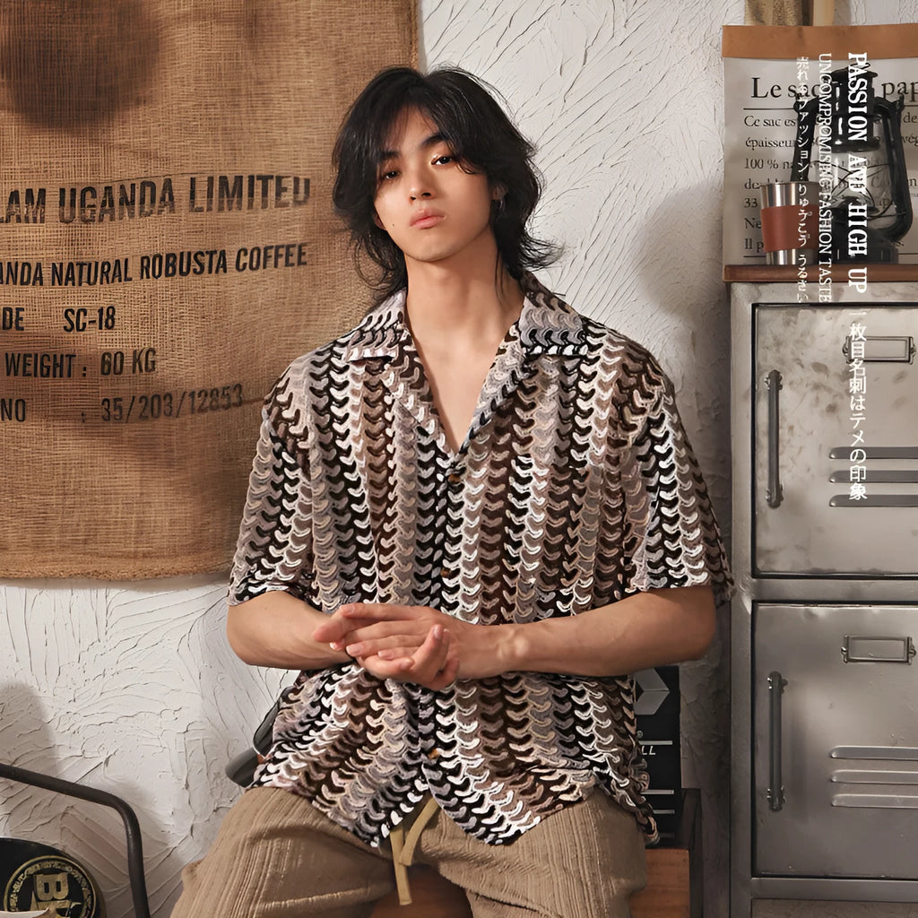 Japanese national style hollow jacquard short sleeve shirt with Cuban collar in grey or red