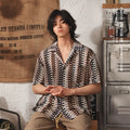 Japanese national style hollow jacquard short sleeve shirt with Cuban collar in grey or red