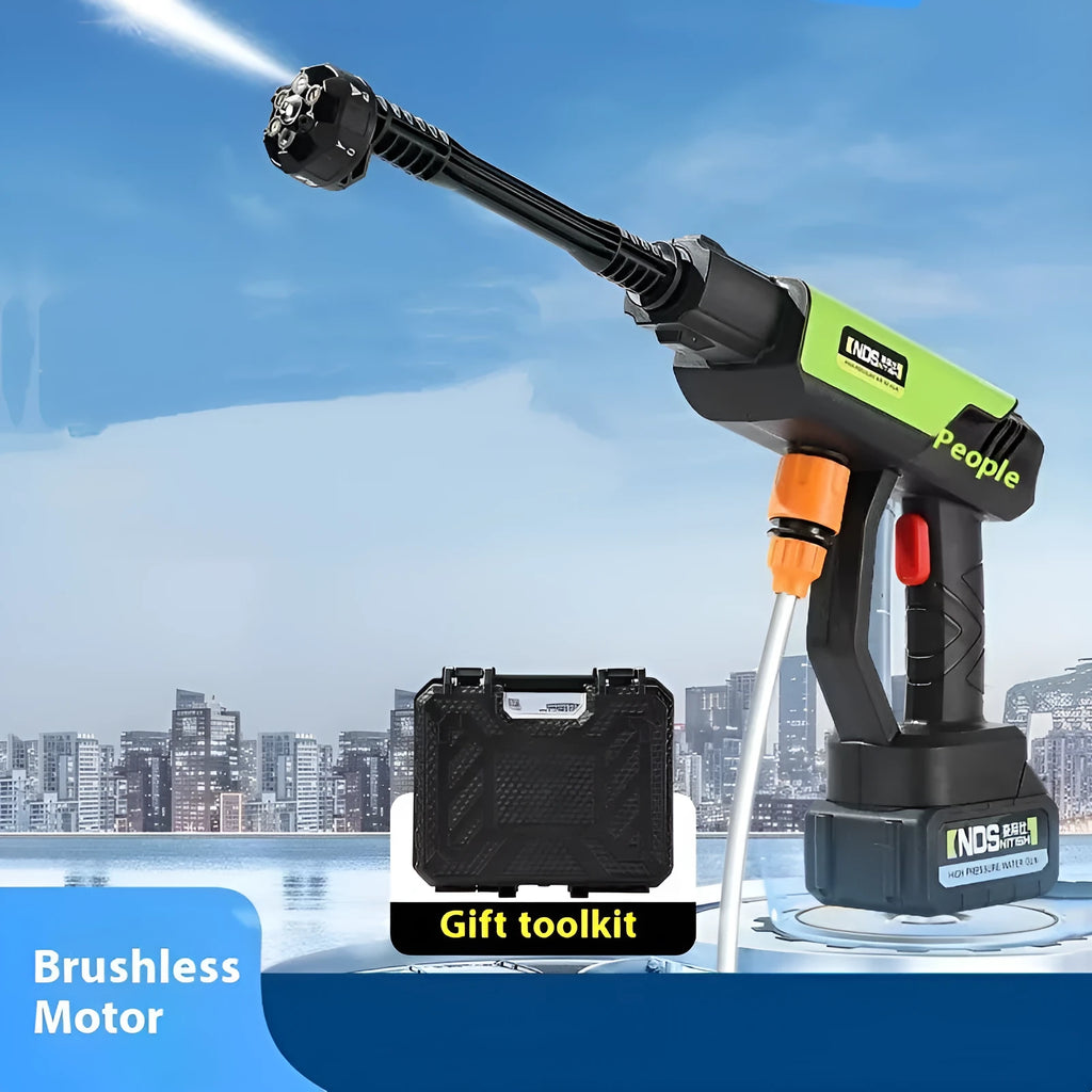 Wireless high pressure water gun in green with six-in-one nozzle, battery, and accessory kit for cleaning.