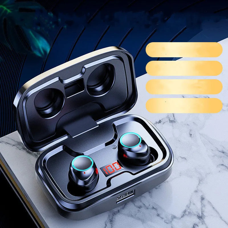 Black wireless in-ear earphones with Bluetooth 5.0 showing bilateral earpieces