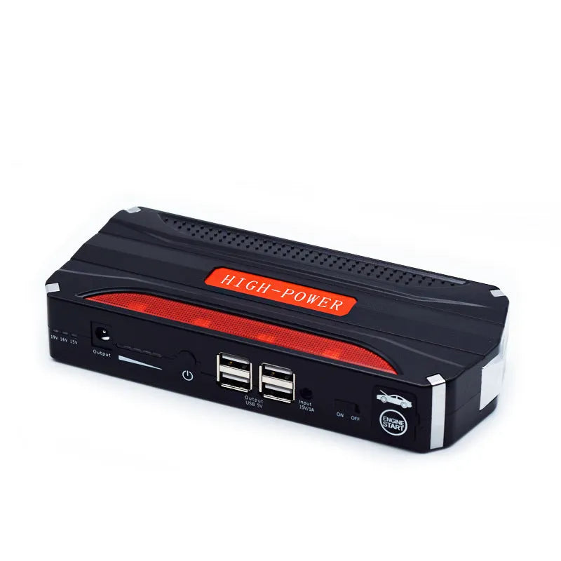 Black and red vehicle emergency jump starter power supply with 7800mAh battery capacity