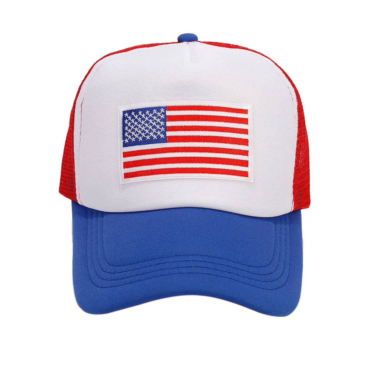 Red and blue contrast baseball cap with mesh breathable crown and adjustable strap
