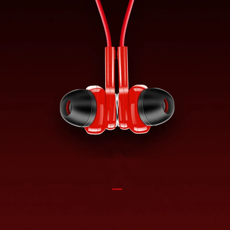 G03 red, black, and white neckband sports Bluetooth earphones showing the binaural earpieces and USB cable.