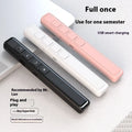 A whiteboard remote control pen in black, showing buttons for presentation control and a pen tip.