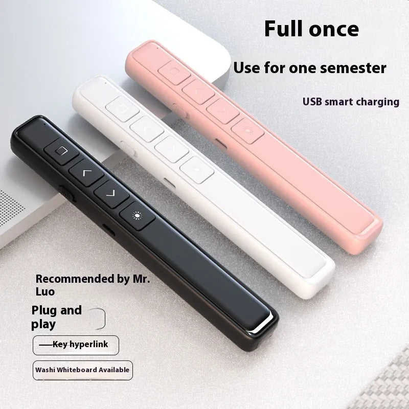 A whiteboard remote control pen in black, showing buttons for presentation control and a pen tip.
