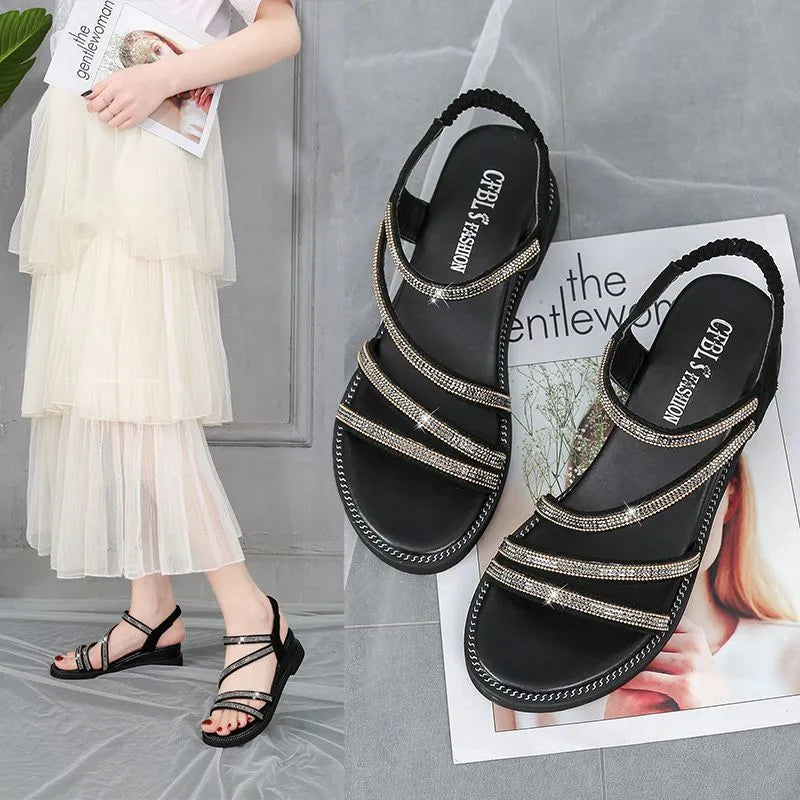 Korean style women's sandals with rhinestone sequins on PU upper and rubber sole