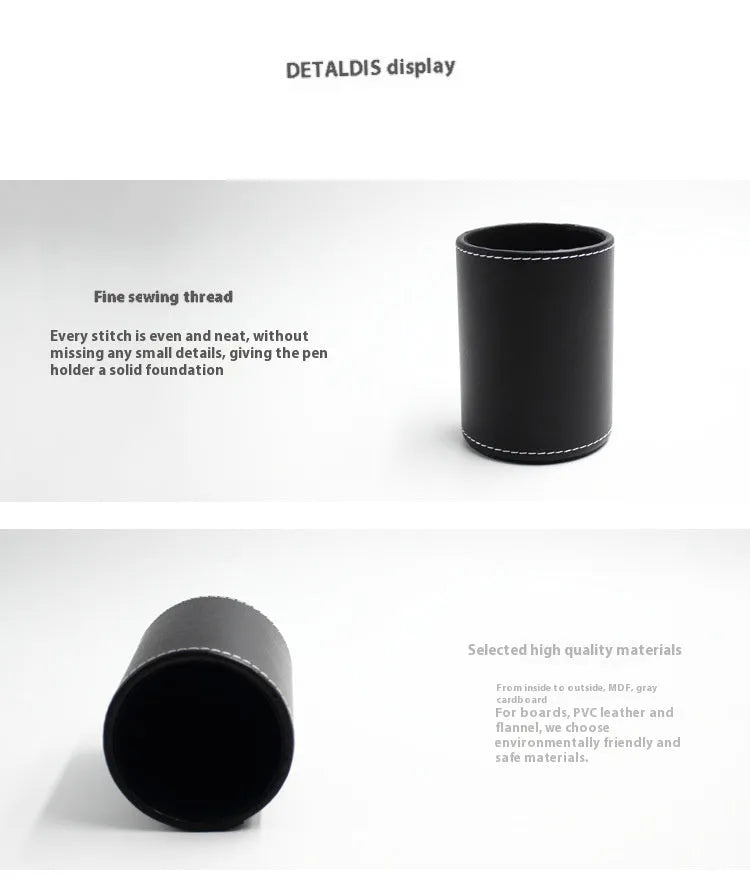 Round black leather pen container showing cylindrical shape and dimensions