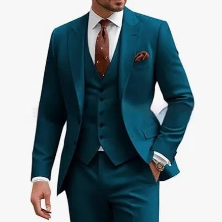 Men's slim fit three-piece suit in a choice of nine colours including bright red and khaki.