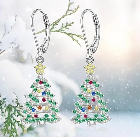 Women's Christmas tree earrings in star shape with white gold colour finish
