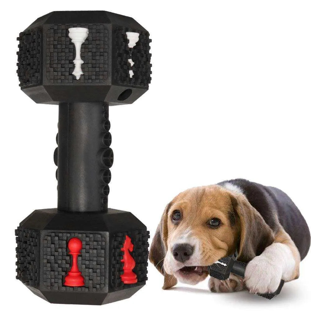Rubber dumbbell dog chew toy for aggressive chewers with 3D texture and hollow treat compartments