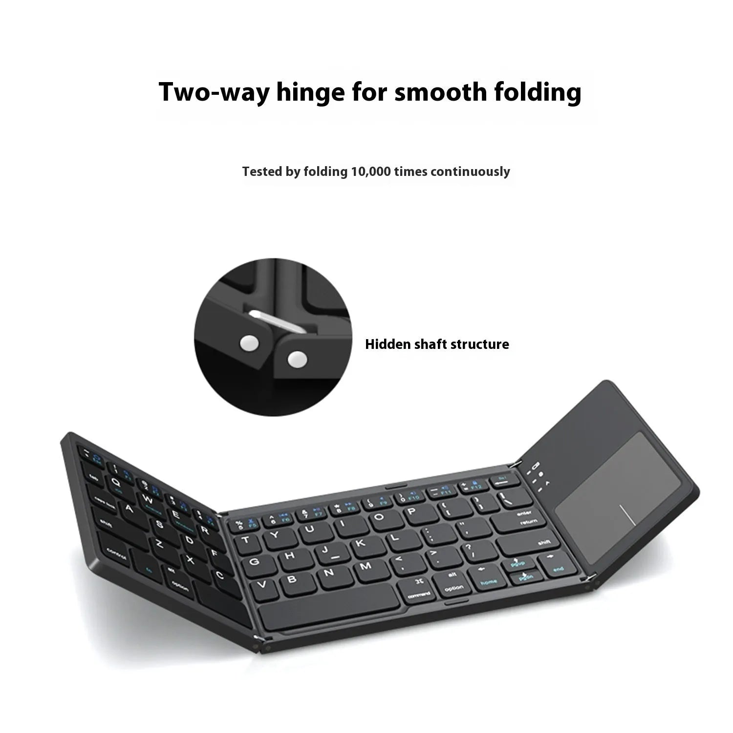 Black tri-fold Bluetooth keyboard unfolded, showing its thin profile and compact size next to a smartphone.
