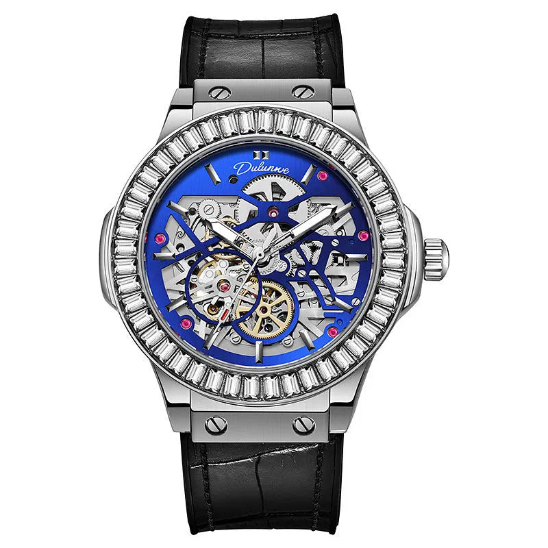 Men's automatic mechanical watch with diamond-studded hollow dial in white shell case