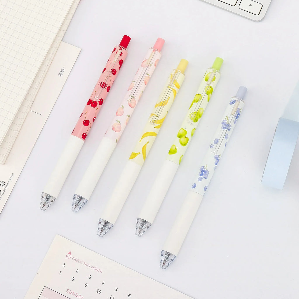 Three fruit scented press-action pens with 0.5mm black refills