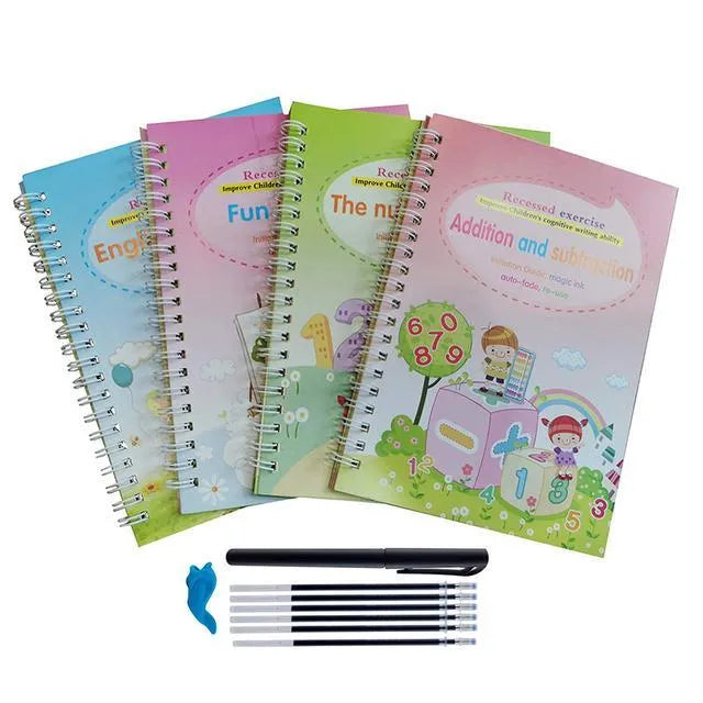 Magic calligraphy practice set showing four A5 books with square slot design, reusable stylus, and refills in black, grey and white colour options