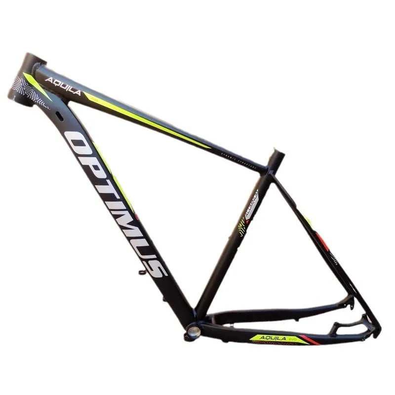 Black Green 29-inch aluminium mountain bike frame with disc brake mounts and inner line routing.