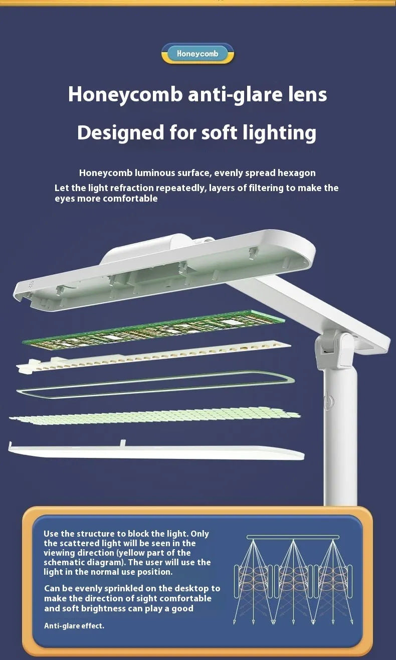 Multifunctional adjustable desk lamp with a built-in bookshelf shelf and three-speed colour temperature control.