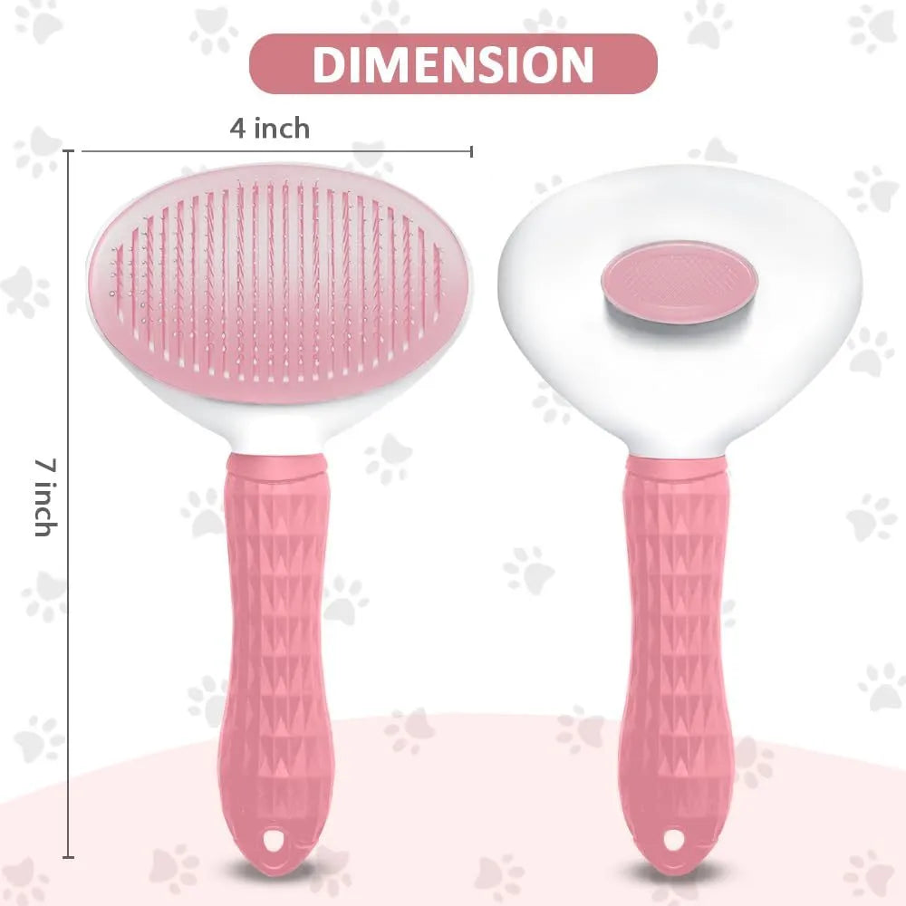 Blue cat brush with a release button and fine wire bristles for removing pet hair.