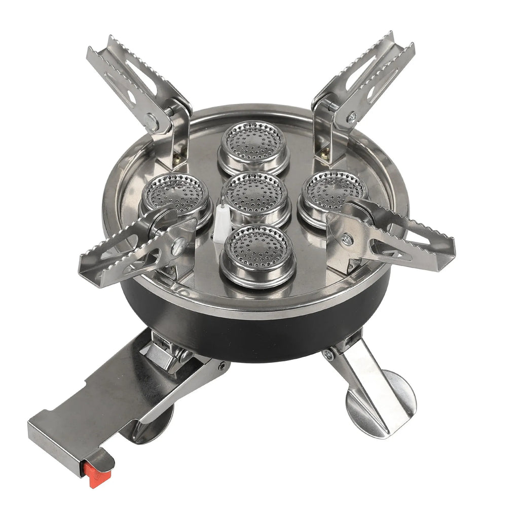 Silver stainless steel portable split camping stove with 100cm hose, folded to 155x125mm