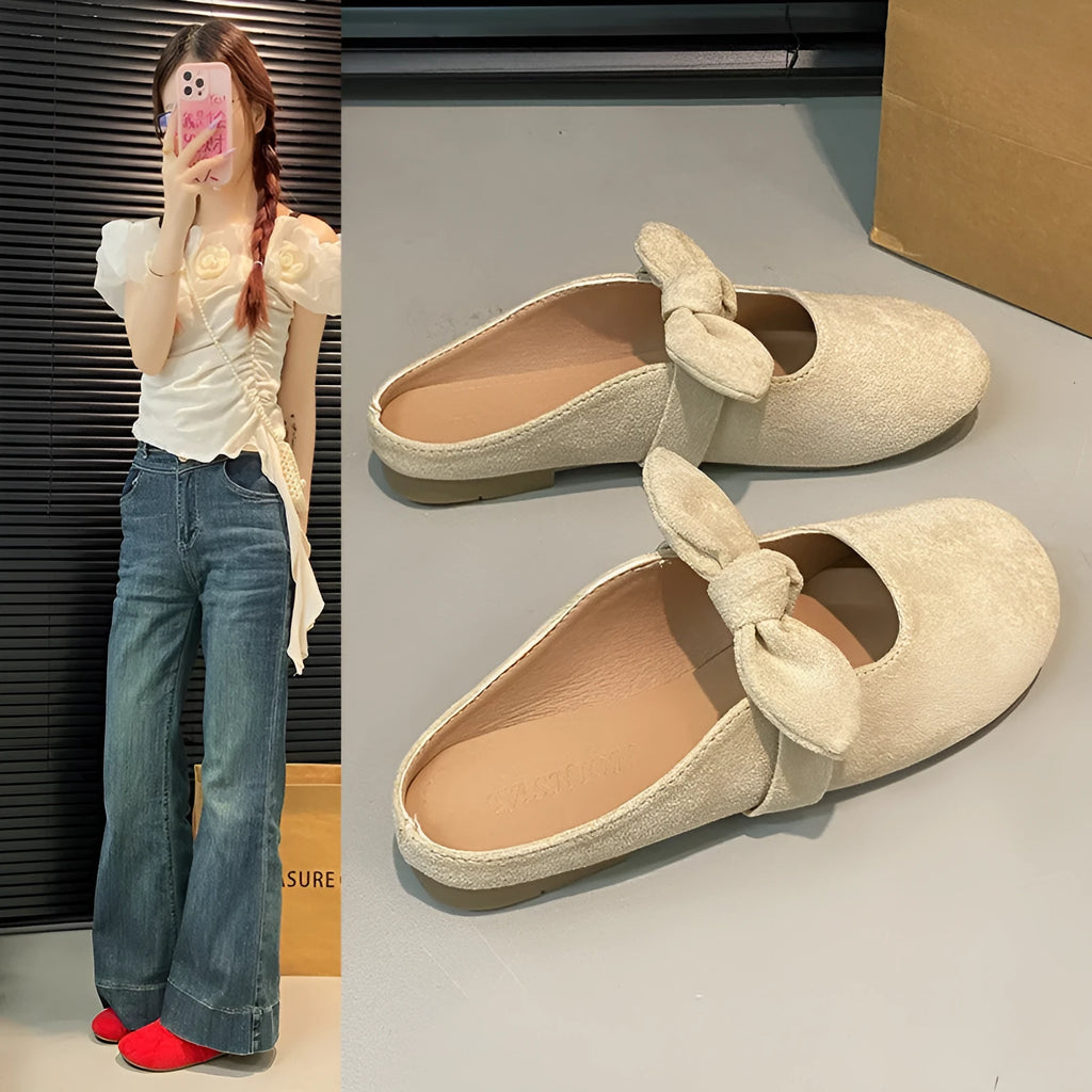 Plus size women's bow toe half slippers in artificial PU, rubber sole, apricot colour, sizes 35-43