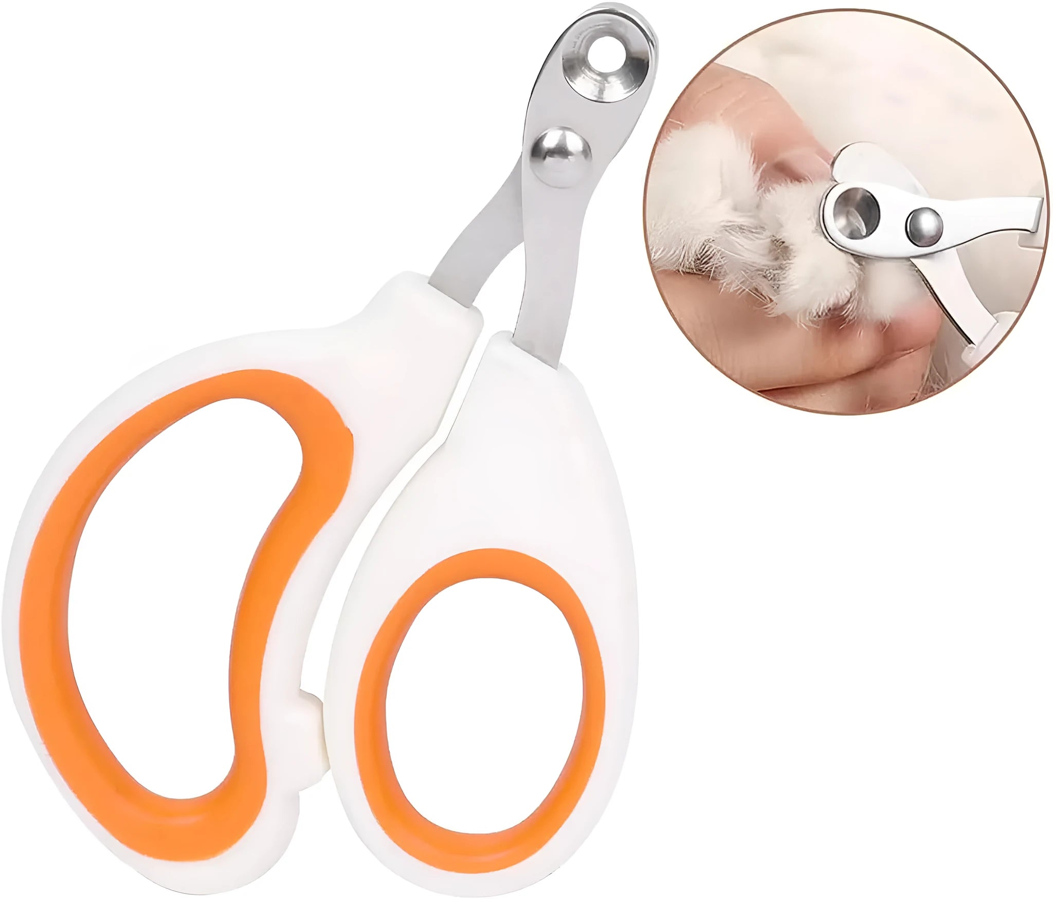Blue cat nail clippers with circular cut hole and cushioned handle for safe pet nail trimming