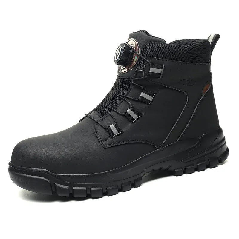 Anti-smashing and puncture-resistant lightweight labour protection safety shoes in black with leather upper