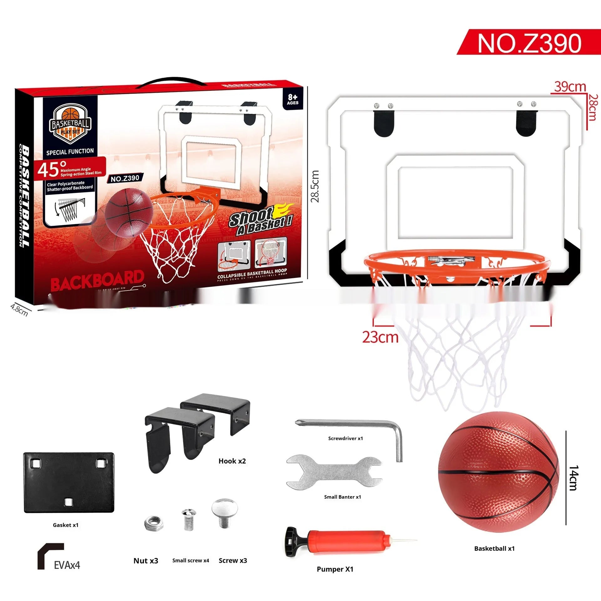 Red foldable basketball frame with suction cup base mounted on door