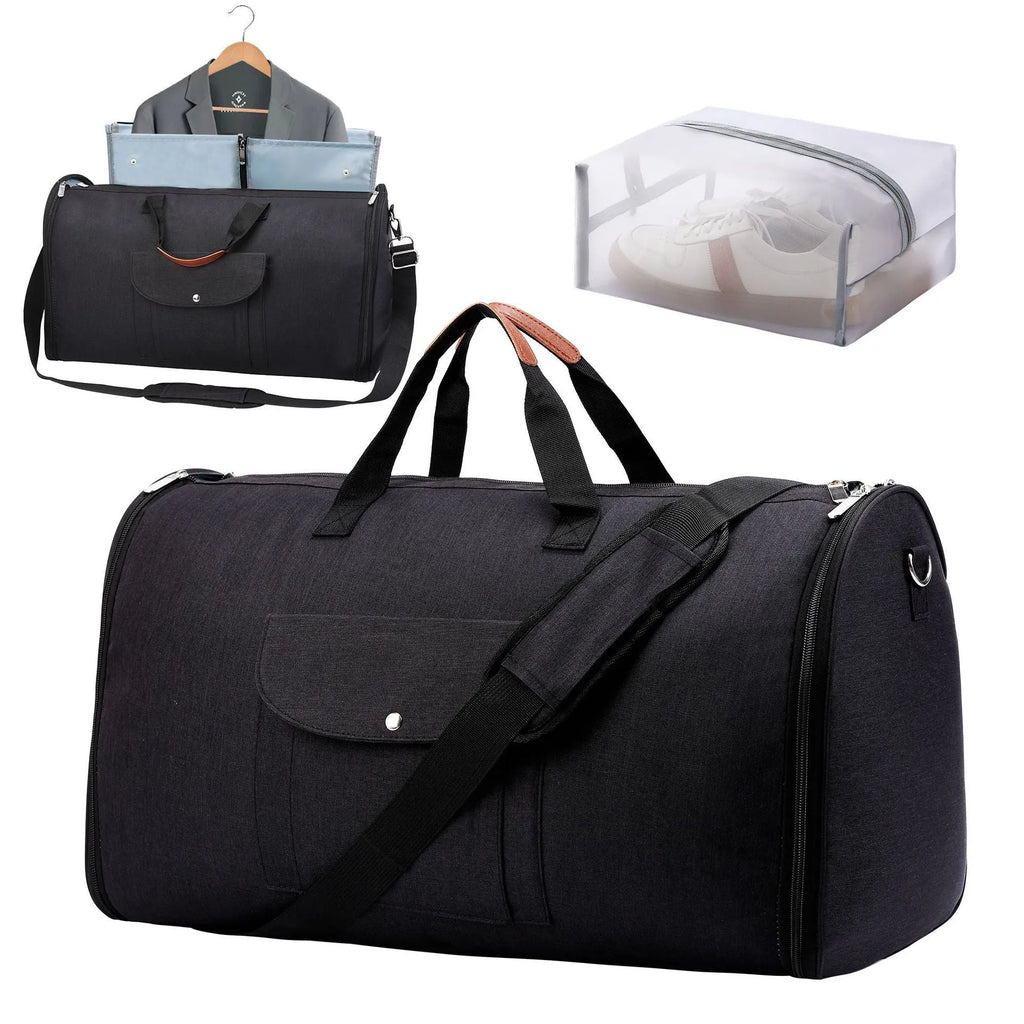 Folding duffel luggage bag in dark blue with 36-55 litre capacity for travel and gym use