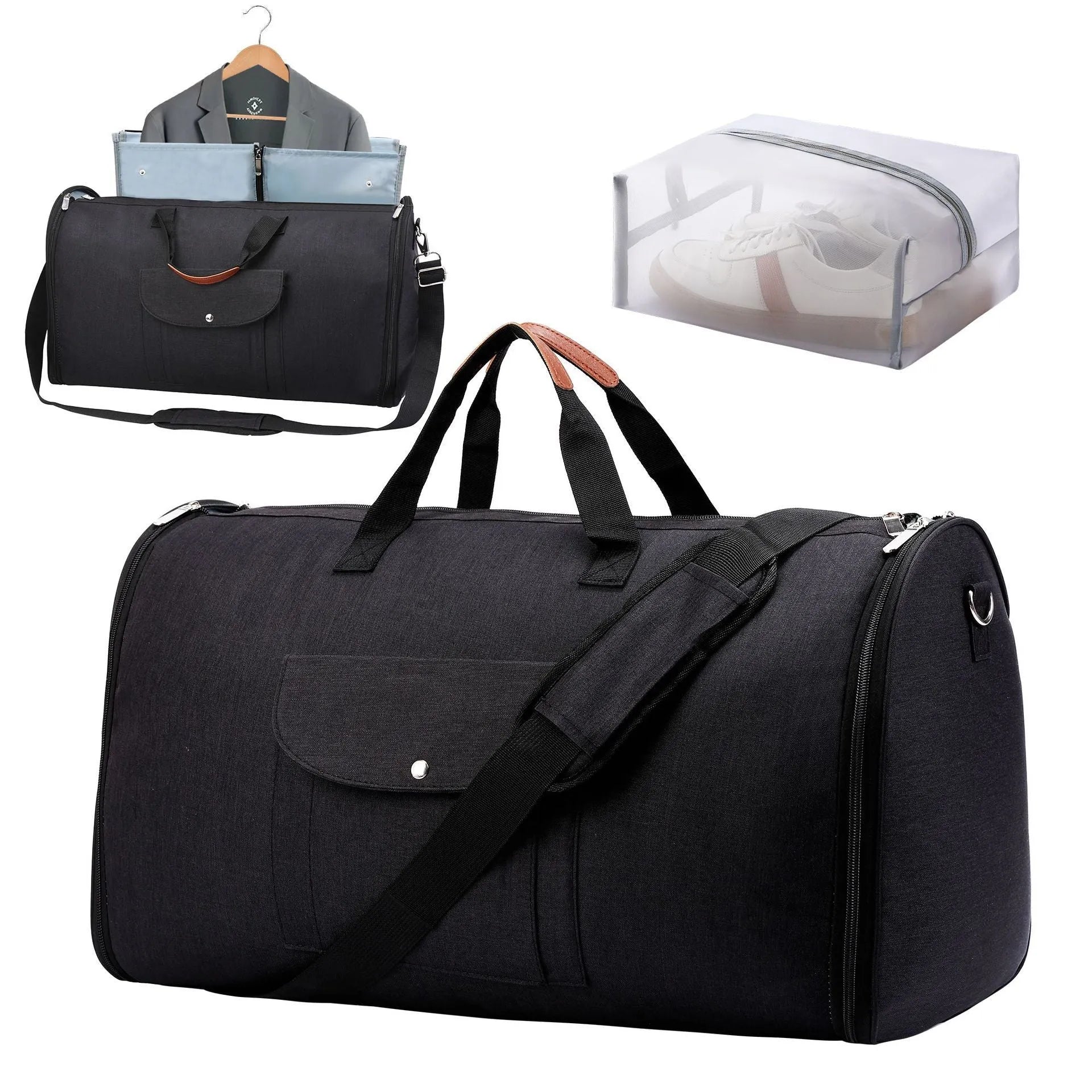 Folding duffel luggage bag in dark blue with 36-55 litre capacity for travel and gym use