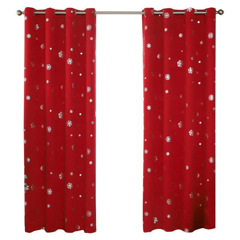 Red and green hole-free snowflake polyester shade cloth curtains in various sizes with lace loop and iron hoop detailing