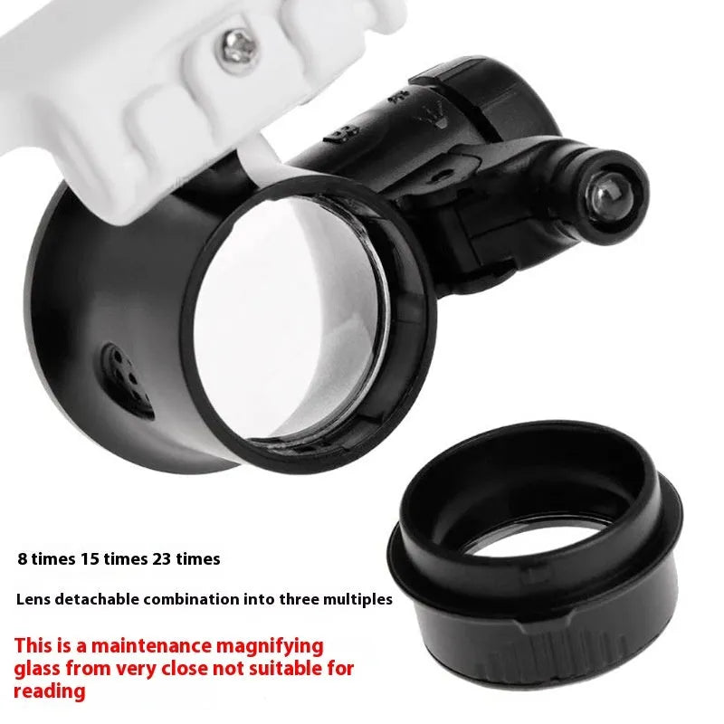 White head-mounted magnifying glass with LED light, shown both unfolded and folded for clock repair work.